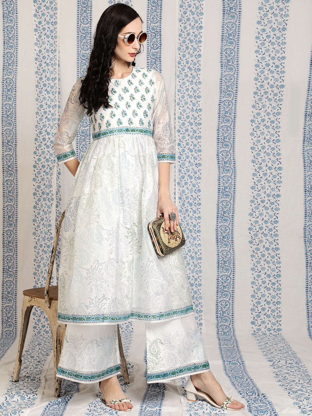 Women's White Block Printed A-Line Kurta With Palazzo