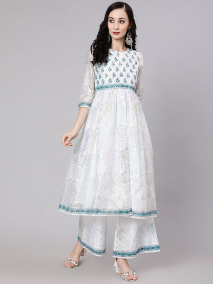 Women's White Block Printed A-Line Kurta With Palazzo