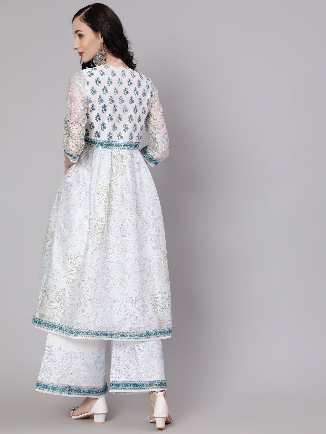 Women's White Block Printed A-Line Kurta With Palazzo