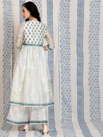 Women's White Block Printed A-Line Kurta With Palazzo