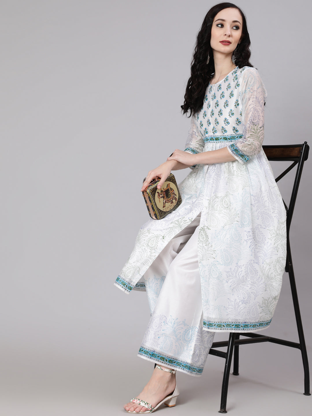 Women's White Block Printed A-Line Kurta With Palazzo