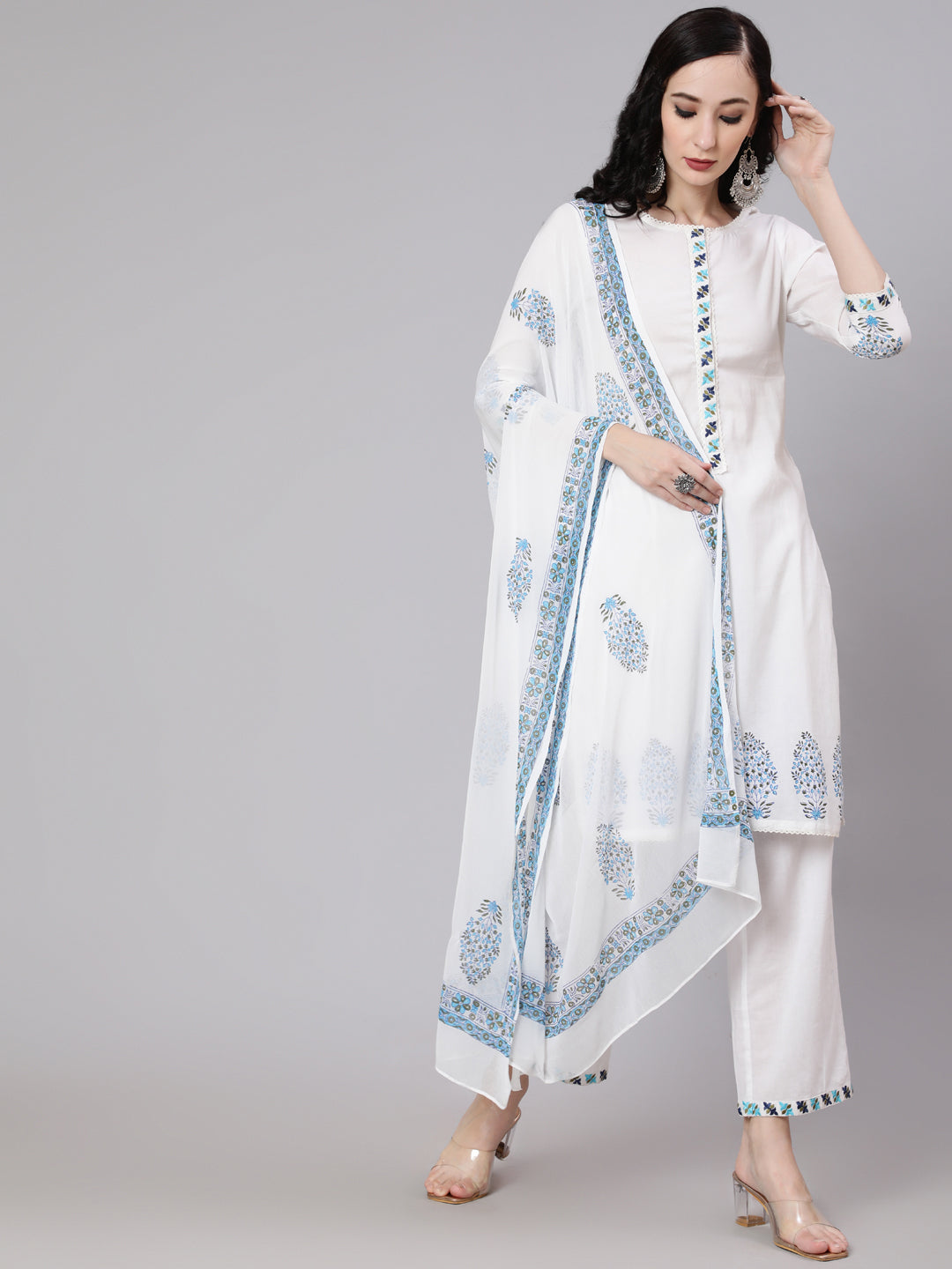 Women's White Block Printed Kurta Pant With Dupatta