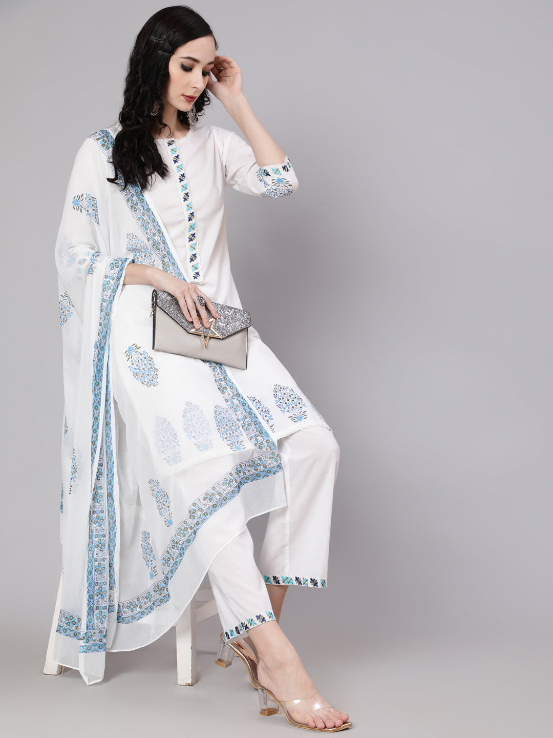 Women's White Block Printed Kurta Pant With Dupatta