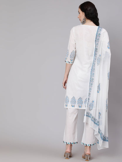 Women's White Block Printed Kurta Pant With Dupatta