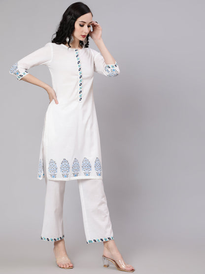 Women's White Block Printed Kurta Pant With Dupatta