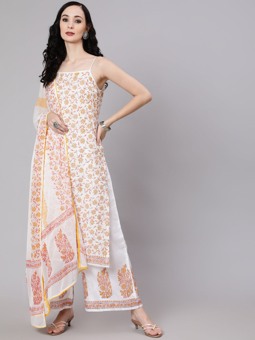 Women's White Block Print Kurta Palazzo With Dupatta