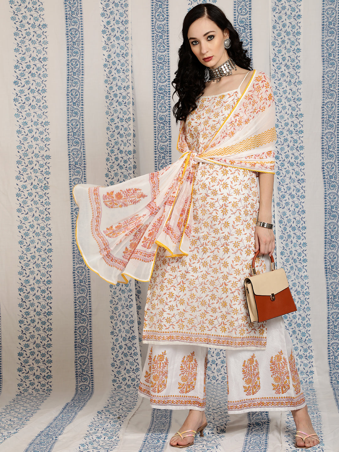 Women's White Block Print Kurta Palazzo With Dupatta