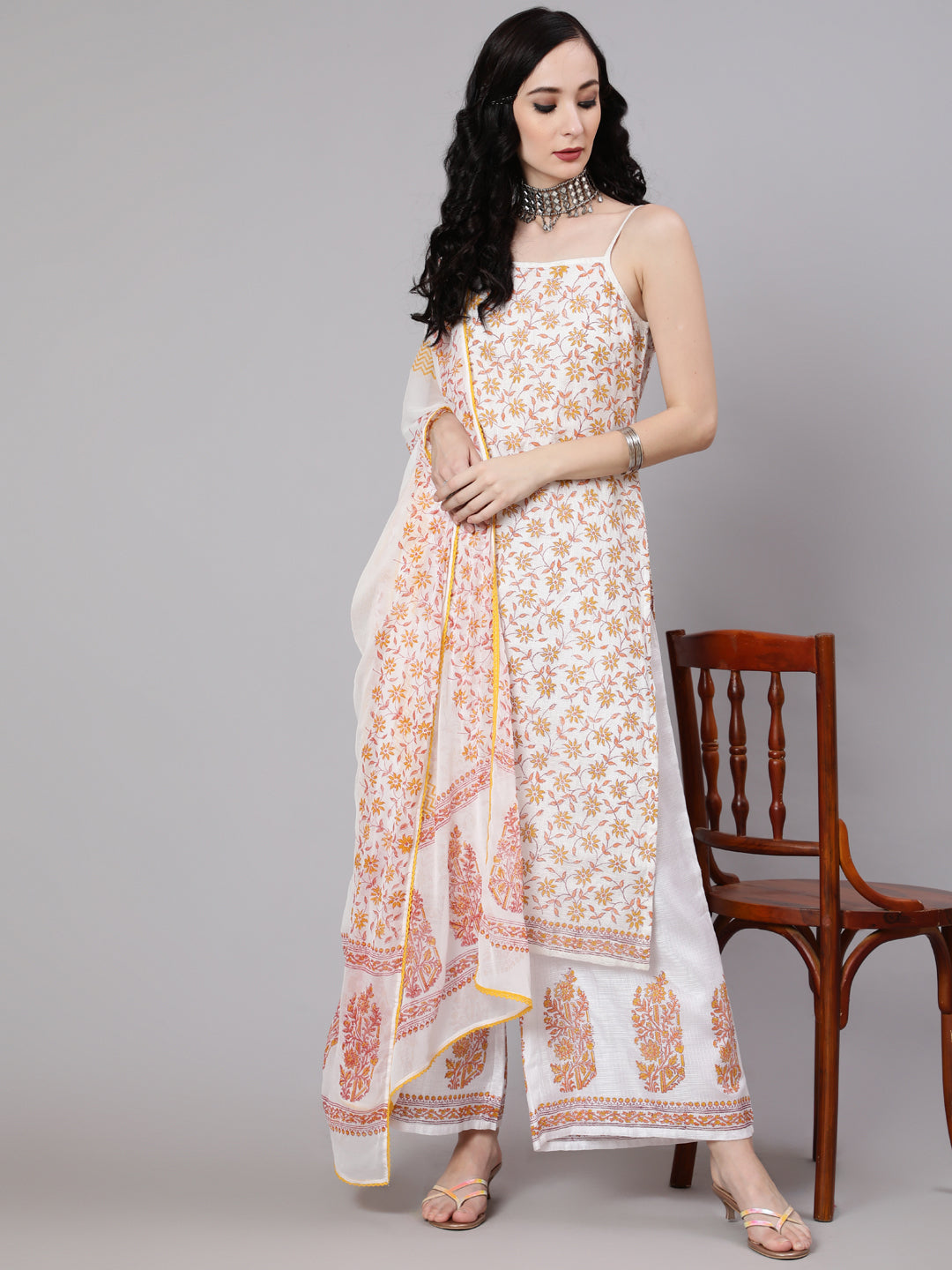 Women's White Block Print Kurta Palazzo With Dupatta