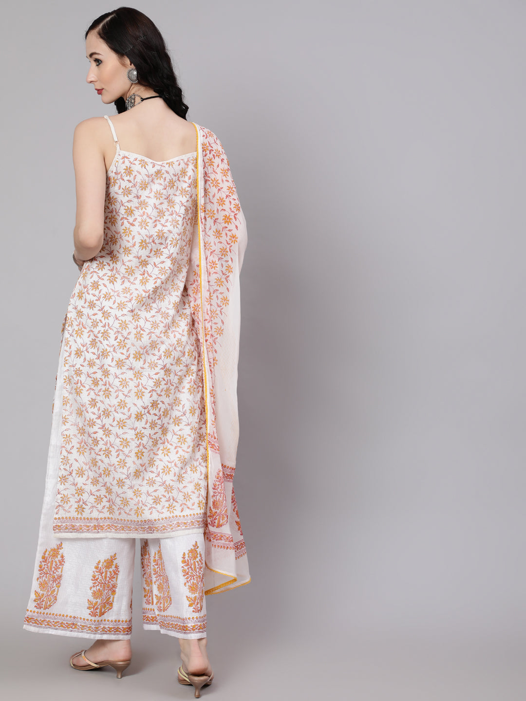 Women's White Block Print Kurta Palazzo With Dupatta