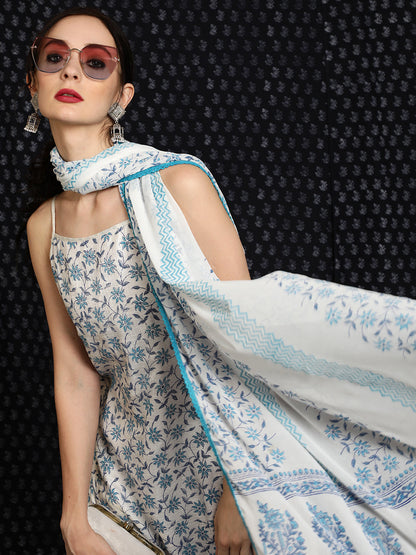 Women's White Block Printed Kurta Palazzo With Dupatta