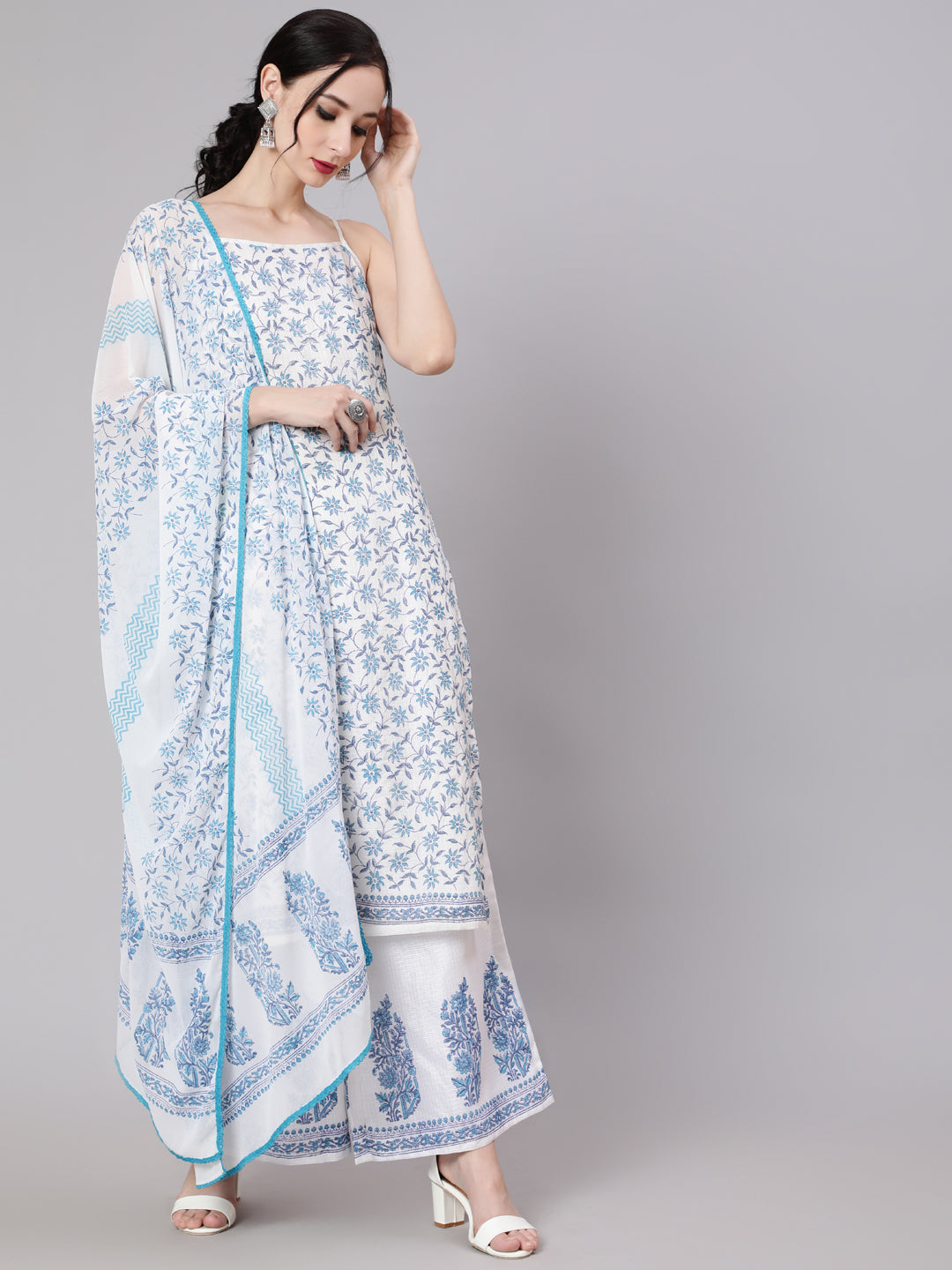 Women's White Block Printed Kurta Palazzo With Dupatta