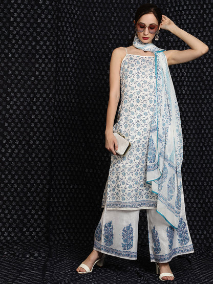 Women's White Block Printed Kurta Palazzo With Dupatta