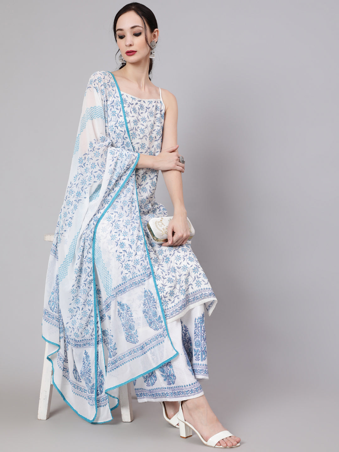 Women's White Block Printed Kurta Palazzo With Dupatta