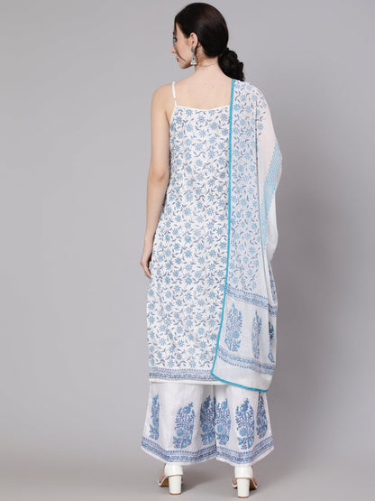 Women's White Block Printed Kurta Palazzo With Dupatta