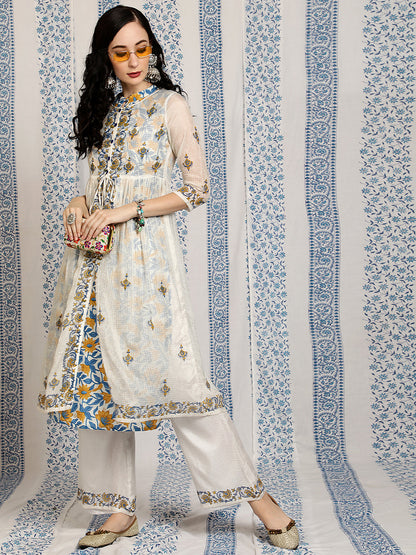 Women's White Hand Block Print Layered Kurta With Palazzo