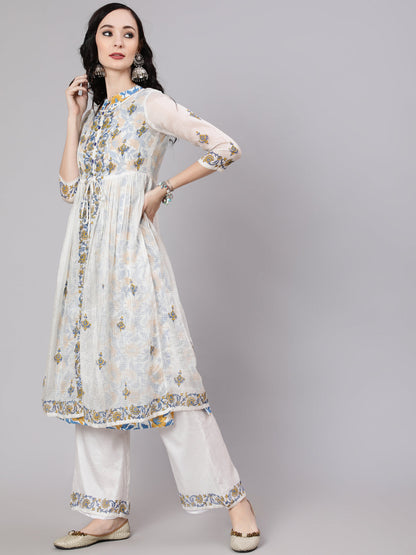 Women's White Hand Block Print Layered Kurta With Palazzo