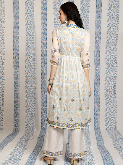 Women's White Hand Block Print Layered Kurta With Palazzo