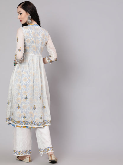 Women's White Hand Block Print Layered Kurta With Palazzo