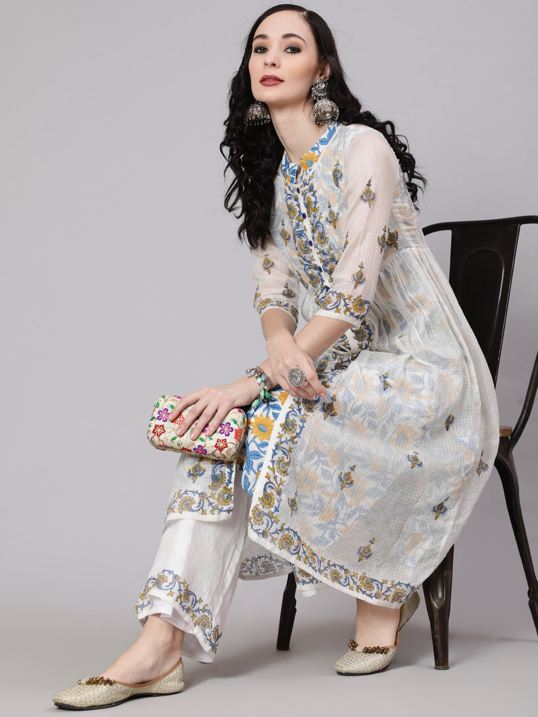 Women's White Hand Block Print Layered Kurta With Palazzo