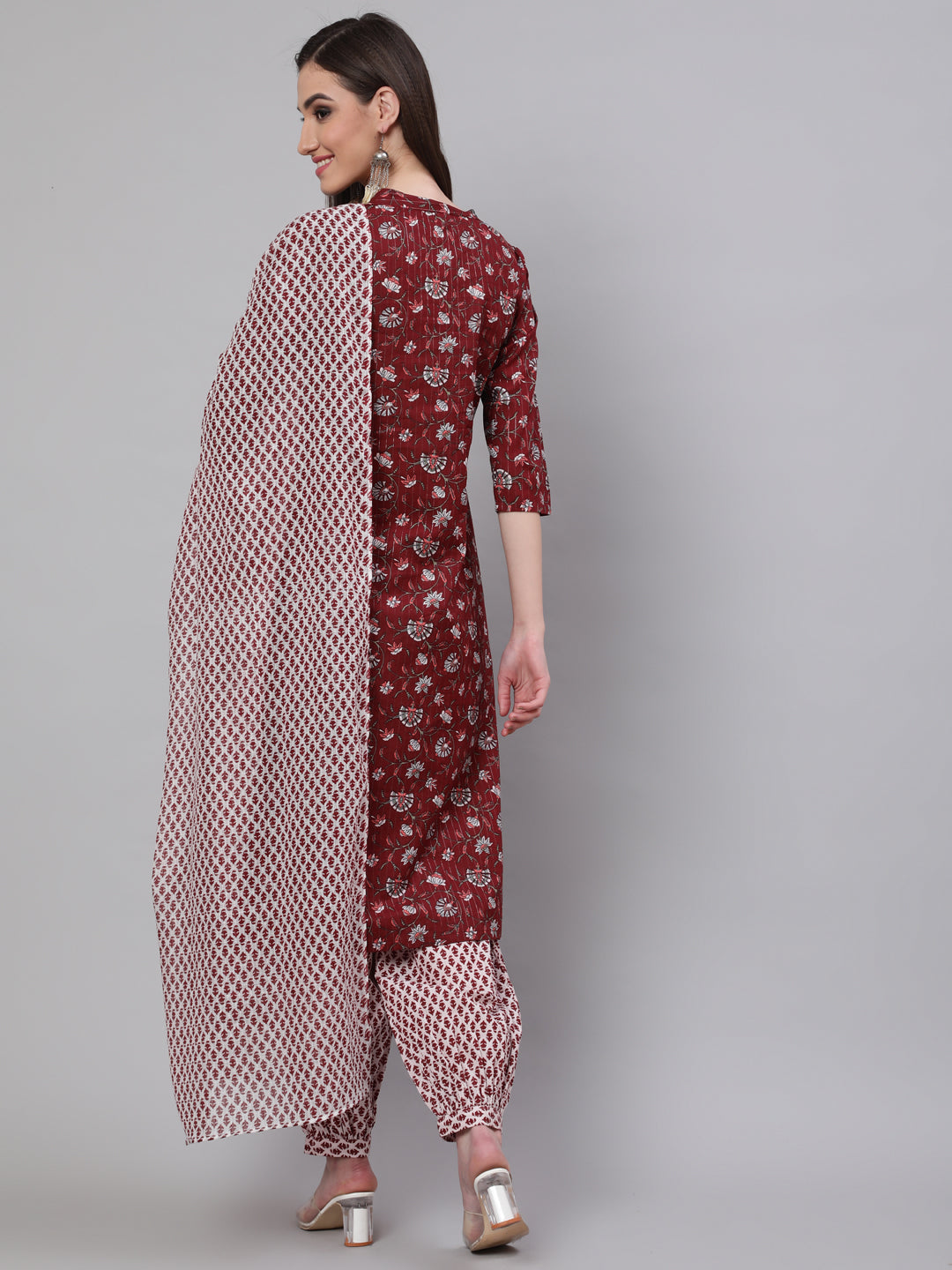 Women's Maroon Printed Lurex Kurta Palazzo With Dupatta