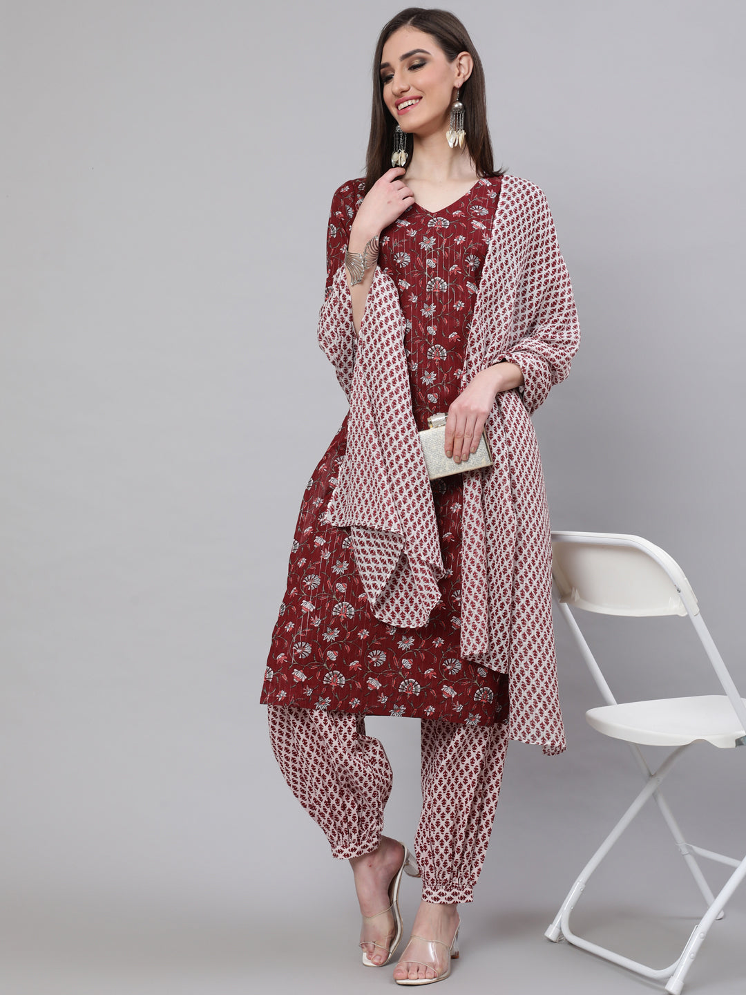 Women's Maroon Printed Lurex Kurta Palazzo With Dupatta