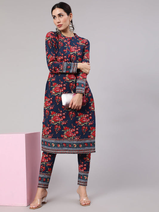 Women's Navy Blue Floral Print Straight Kurta With Pant