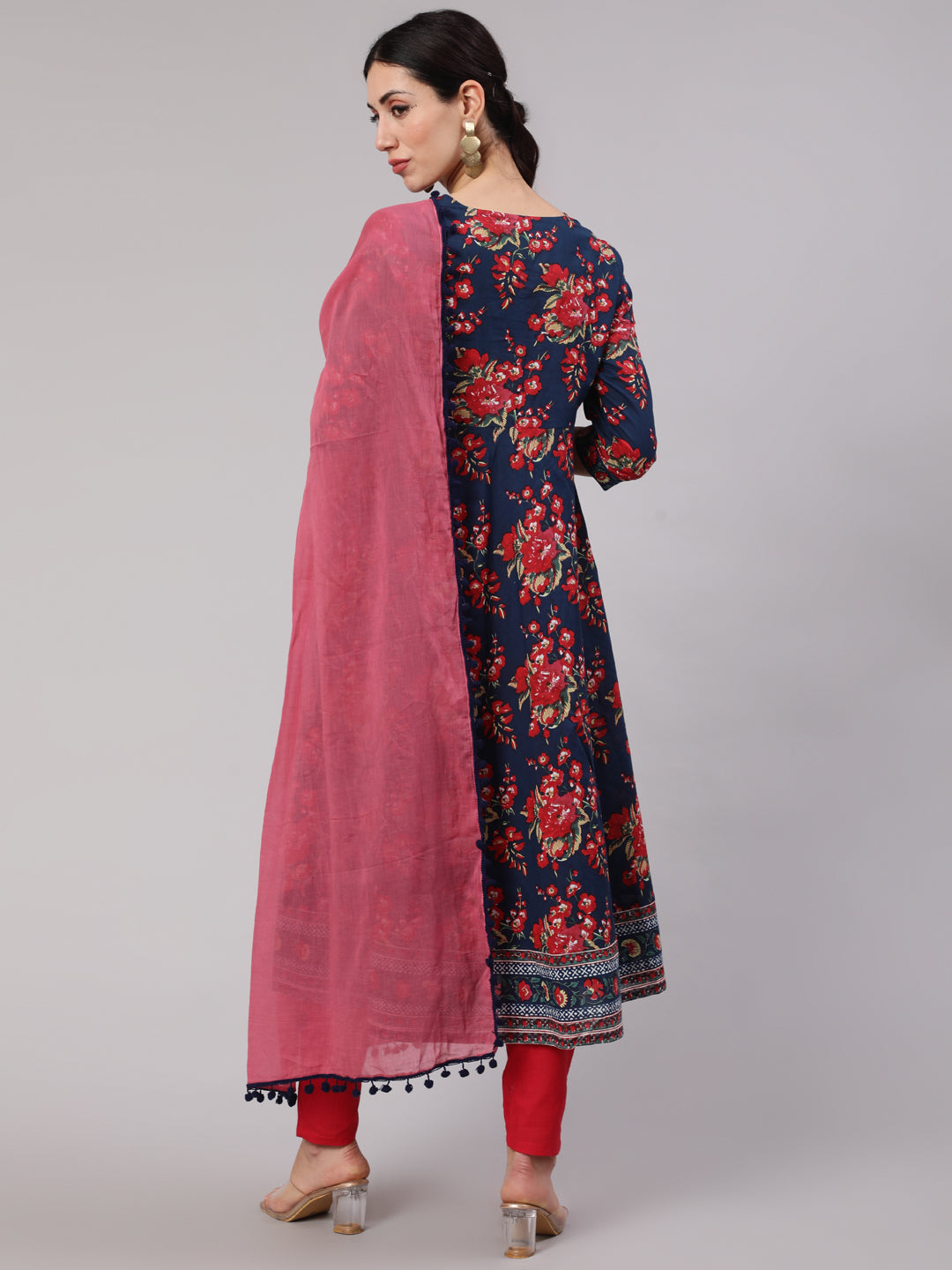 Women's Navy Blue Floral Print Anarkali Pant With Dupatta