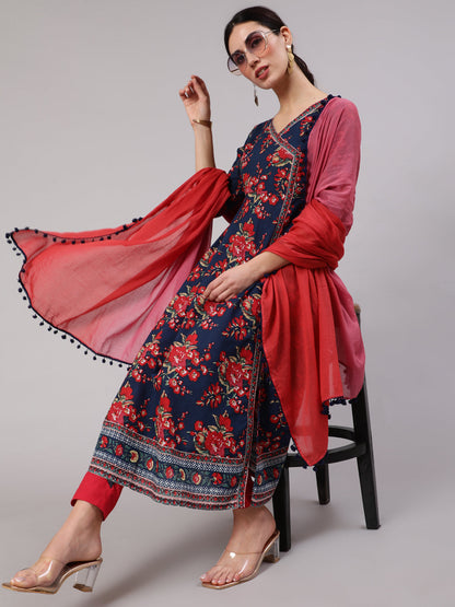 Women's Navy Blue Floral Print Anarkali Pant With Dupatta