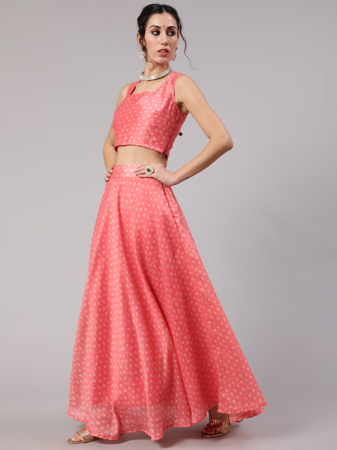 Women's Pink Bandhani Print Lehenga Choli With Dupatta Set