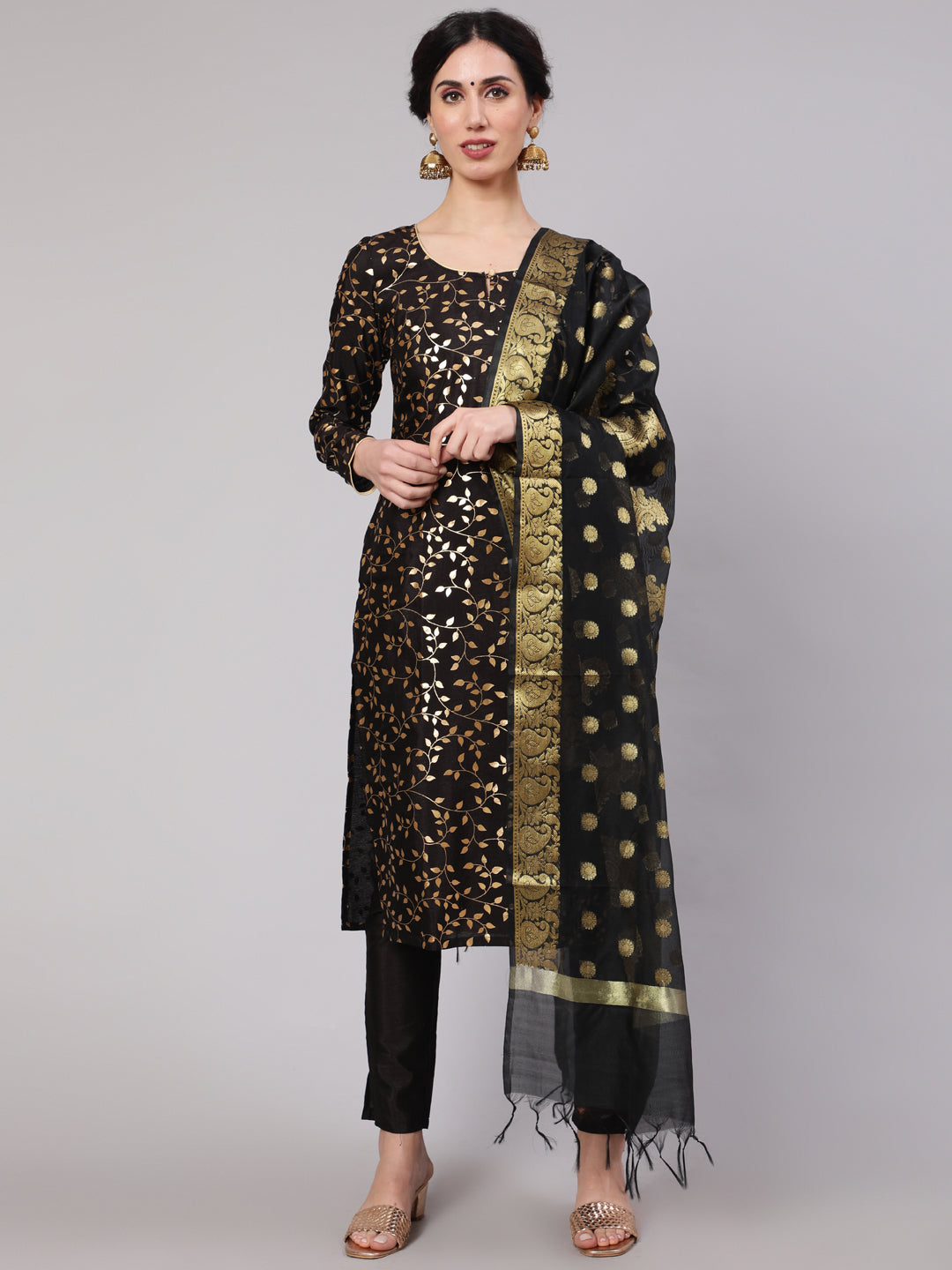 Women's Black Foil Printed Kurta Pant With Dupatta