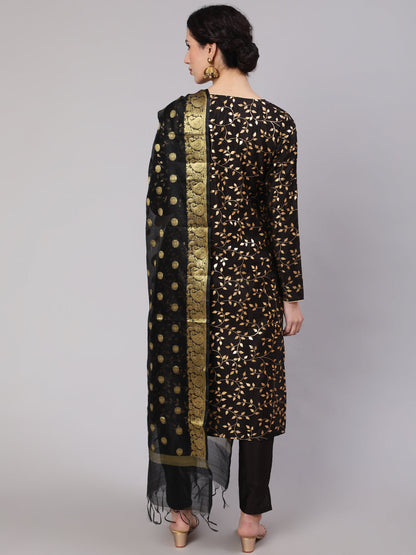 Women's Black Foil Printed Kurta Pant With Dupatta