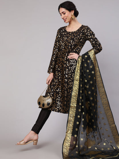 Women's Black Foil Printed Kurta Pant With Dupatta