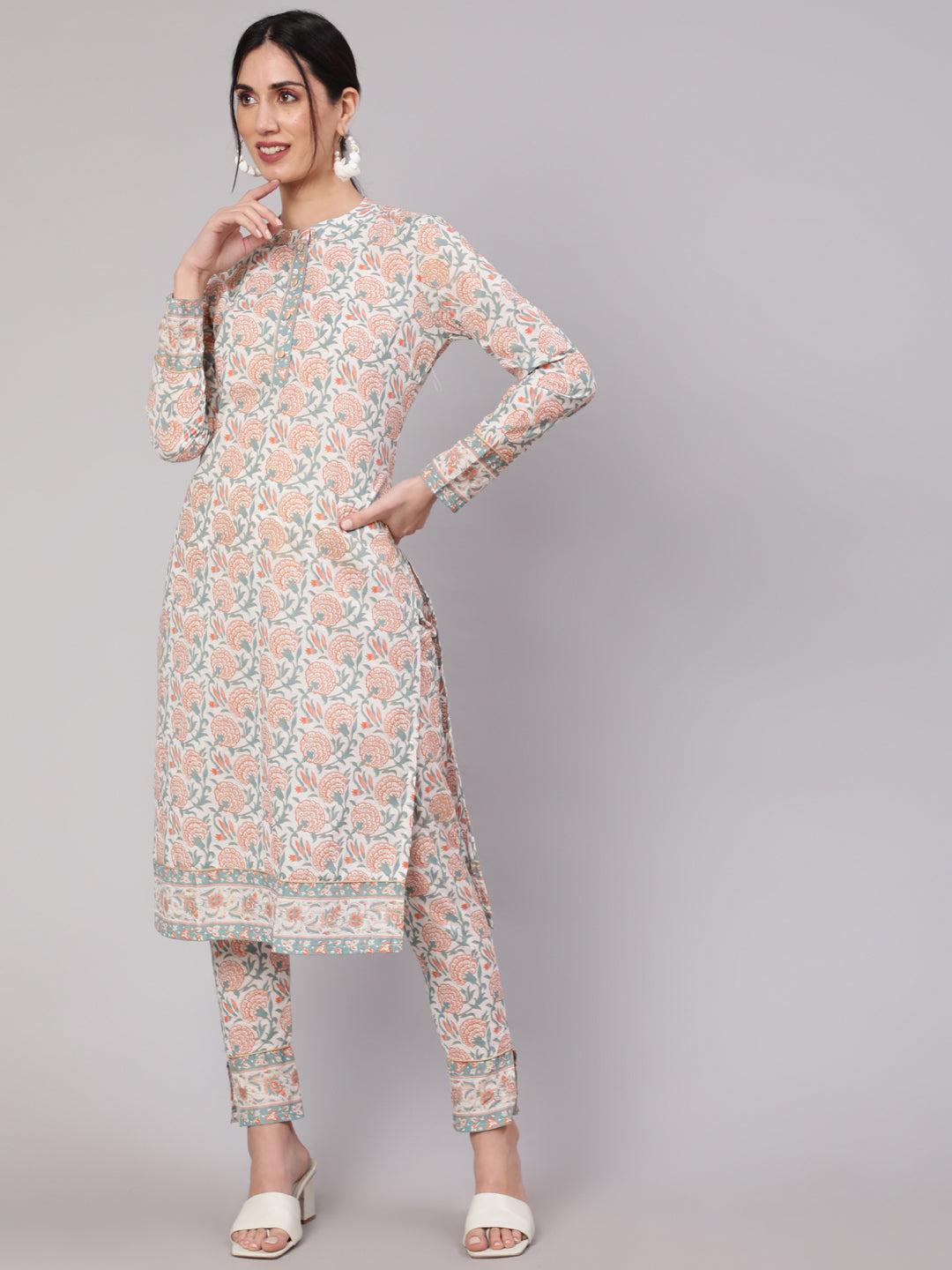 Women's White Floral Print Cotton Kurta Set