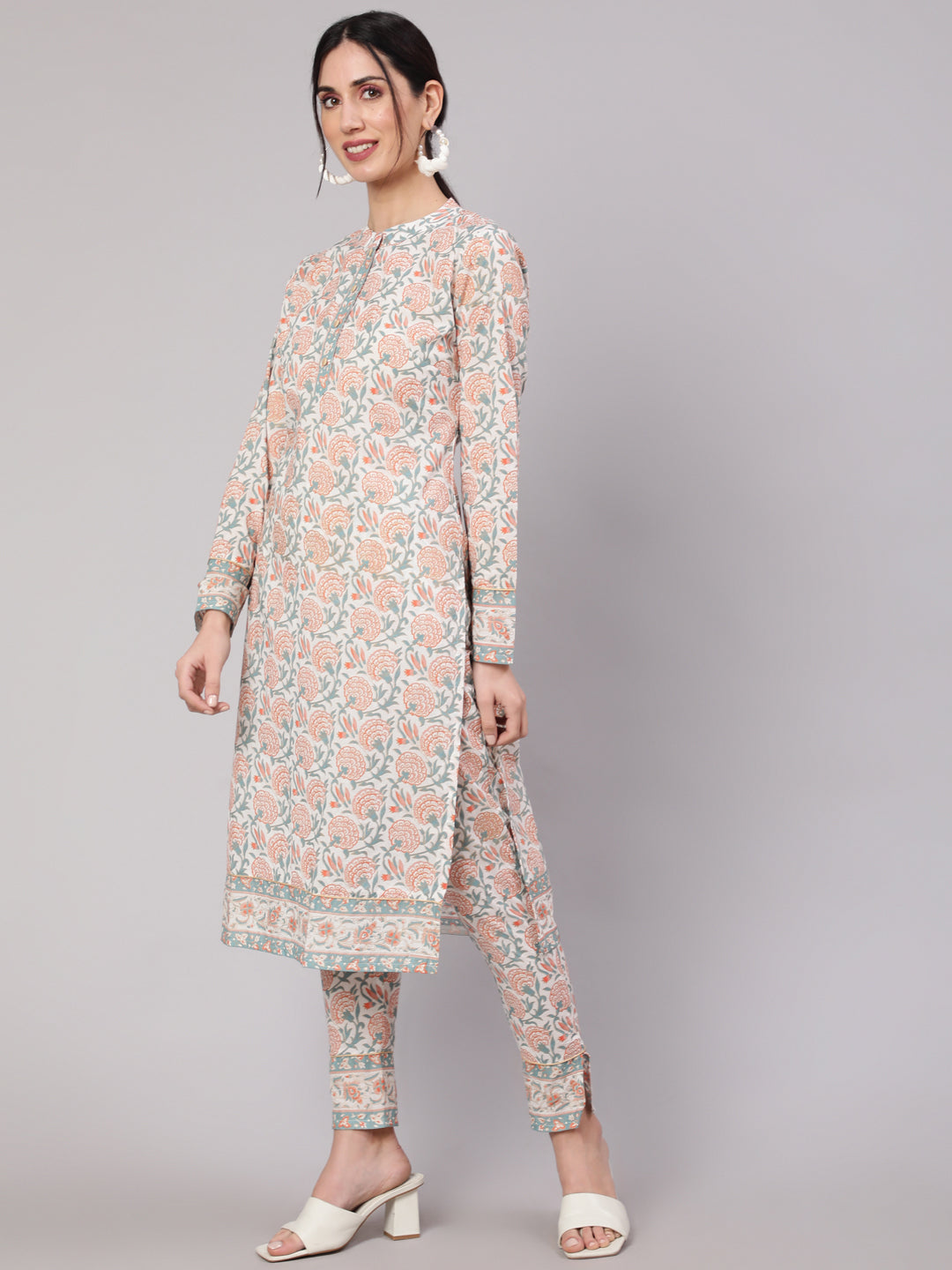 Women's White Floral Print Cotton Kurta Set