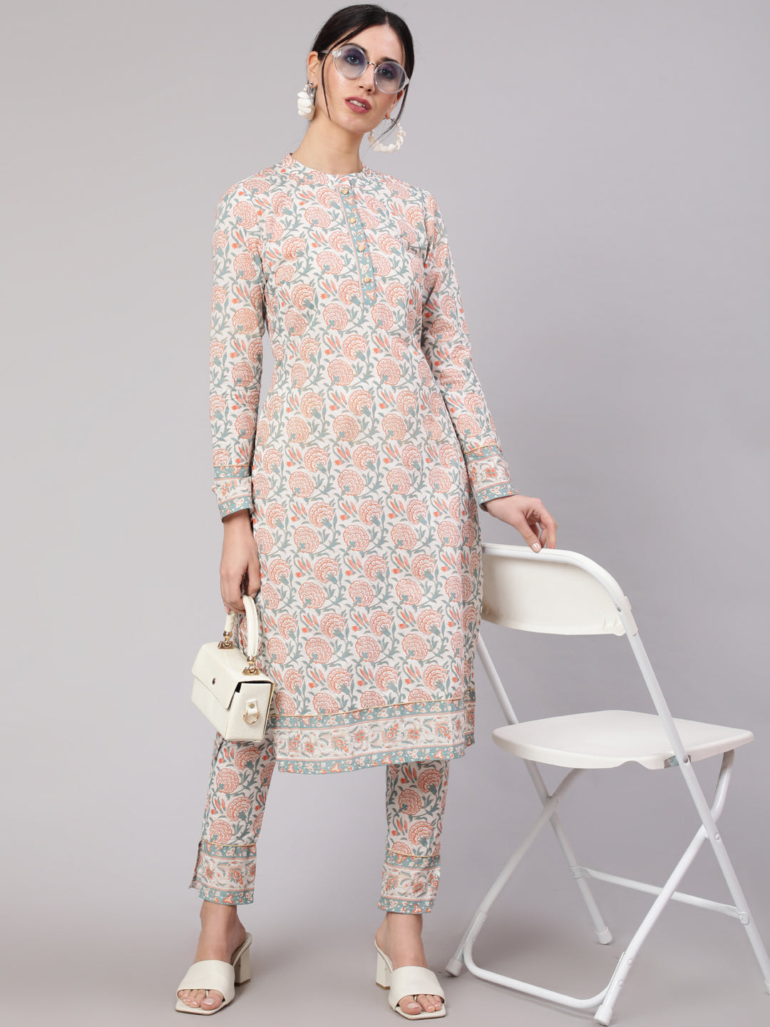 Women's White Floral Print Cotton Kurta Set