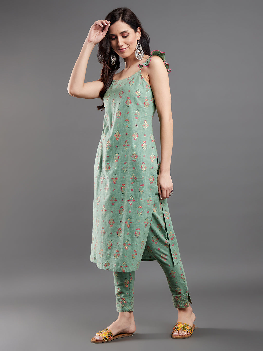 Women's Sea Green Floral Print Kurta With Pant