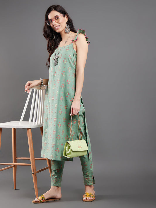 Women's Sea Green Floral Print Kurta With Pant