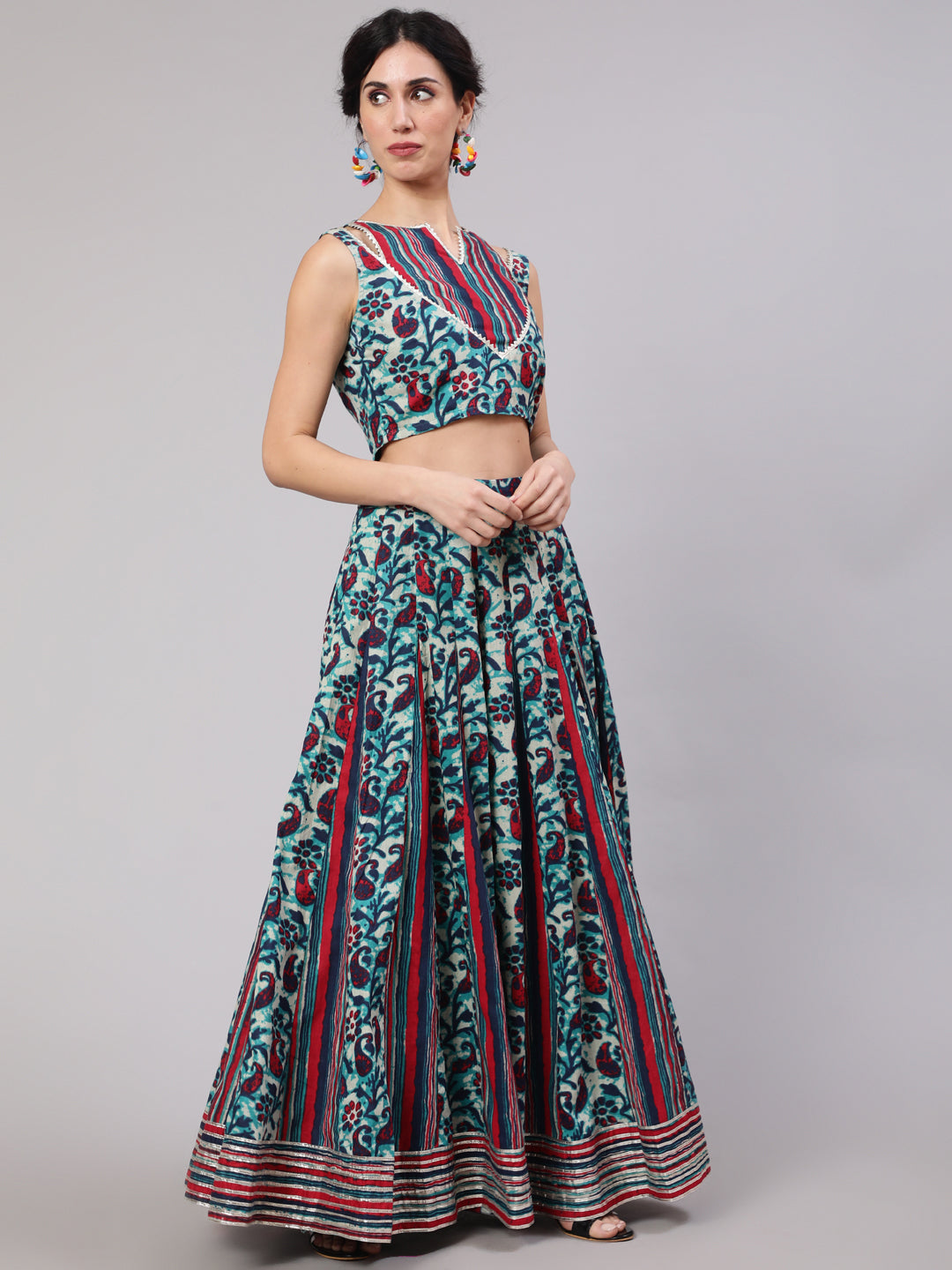 Women's Blue Floral Print Kalidar Lehenga Choli With Dupatta