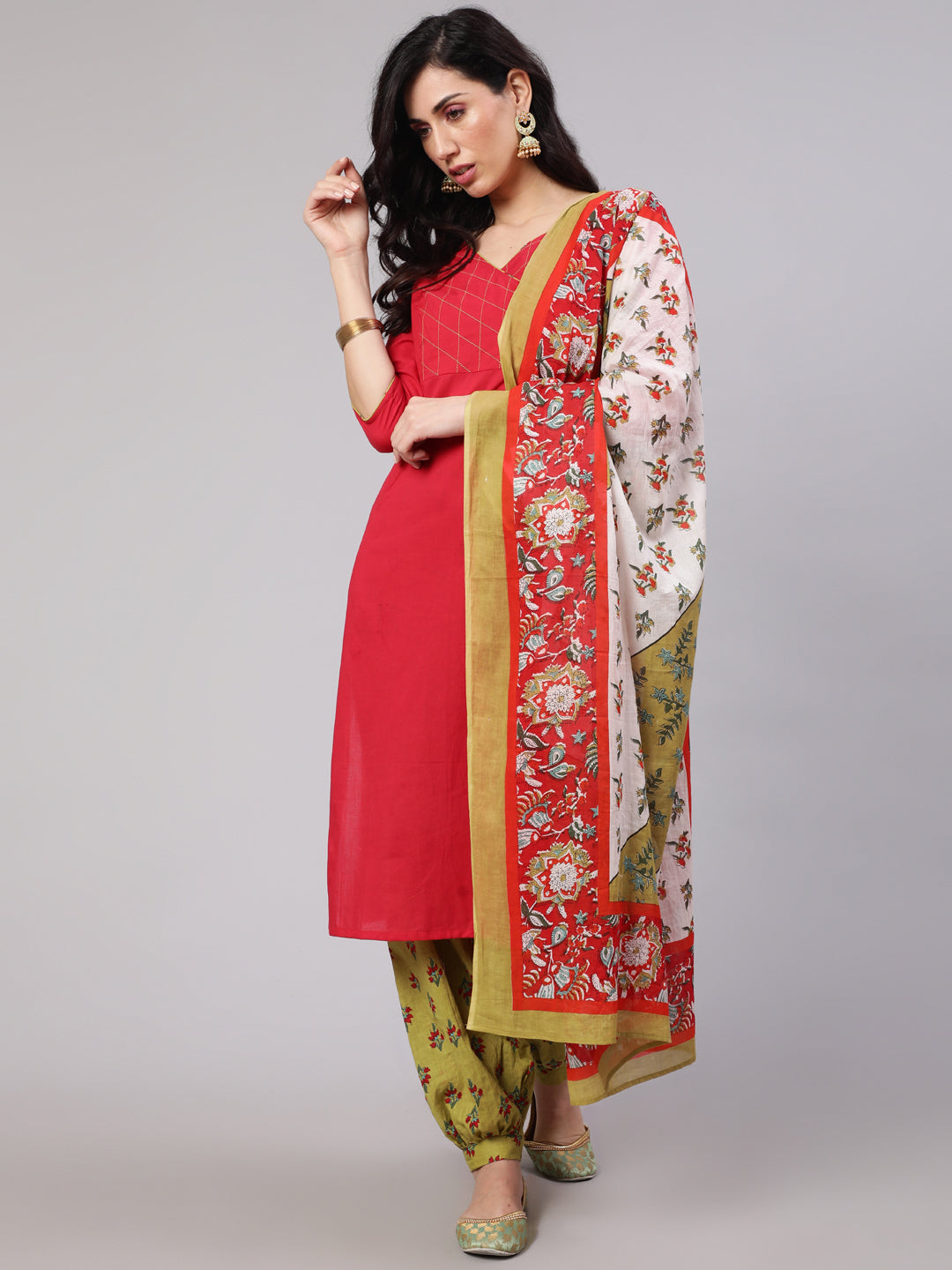 Women's Red Straight Kurta Balloon Palazzo With Dupatta