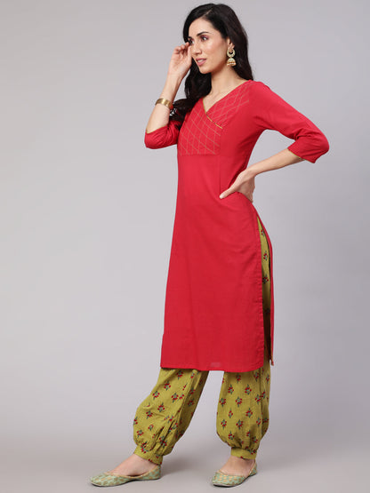 Women's Red Straight Kurta Balloon Palazzo With Dupatta