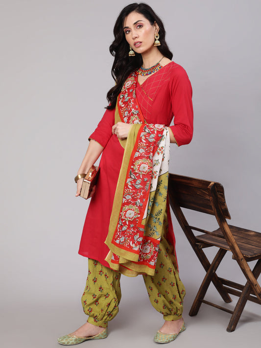 Women's Red Straight Kurta Balloon Palazzo With Dupatta