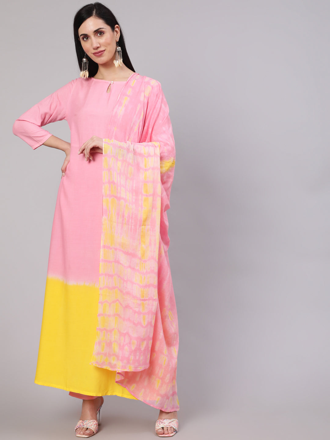 Women's Pink & Yellow Kurta Palazzo With Dupatta