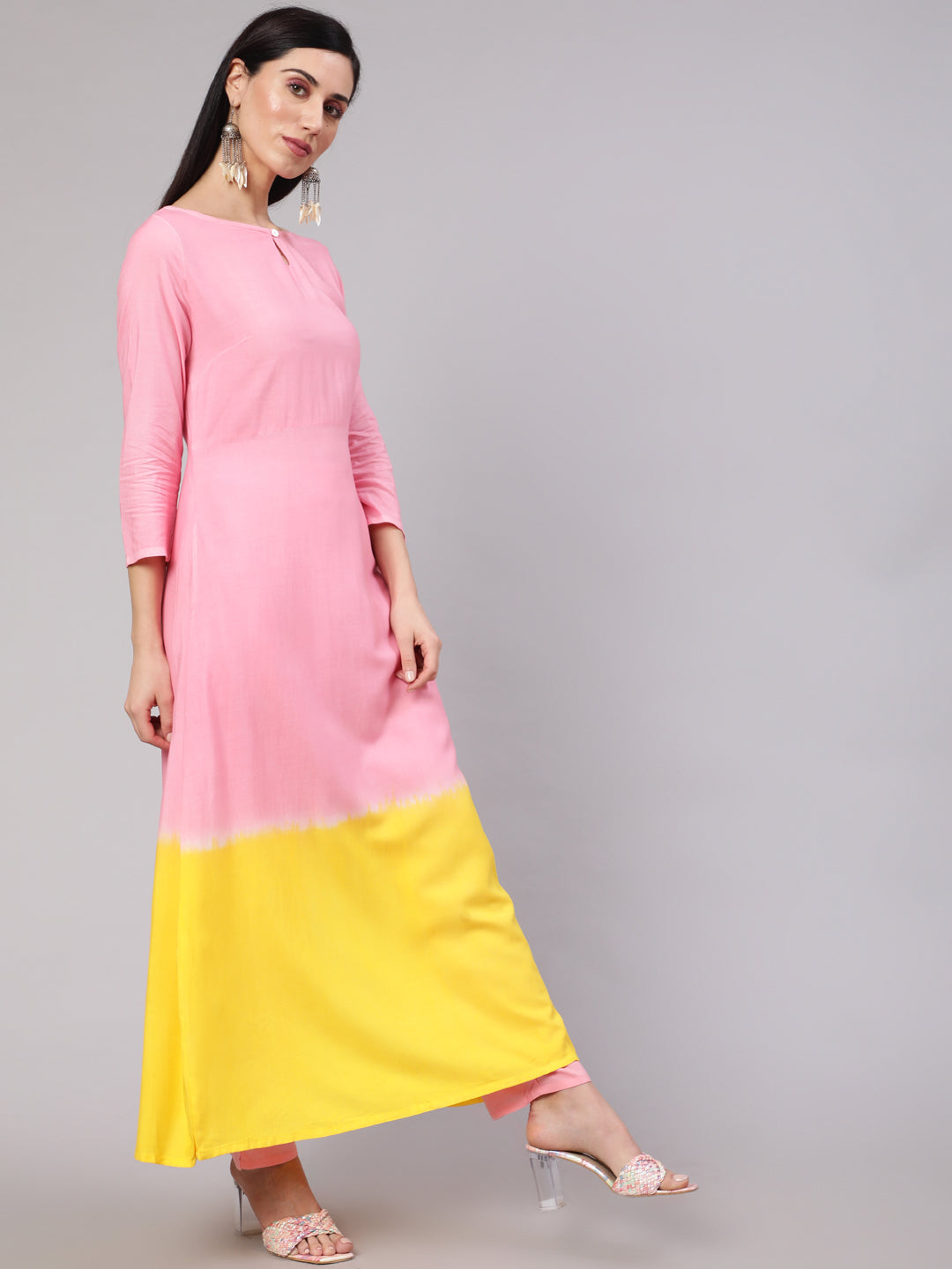 Women's Pink & Yellow Kurta Palazzo With Dupatta