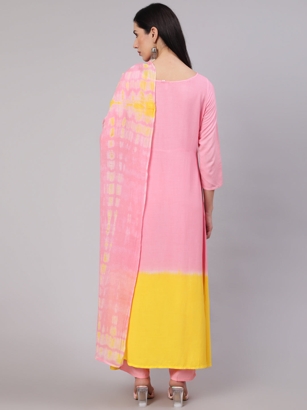 Women's Pink & Yellow Kurta Palazzo With Dupatta