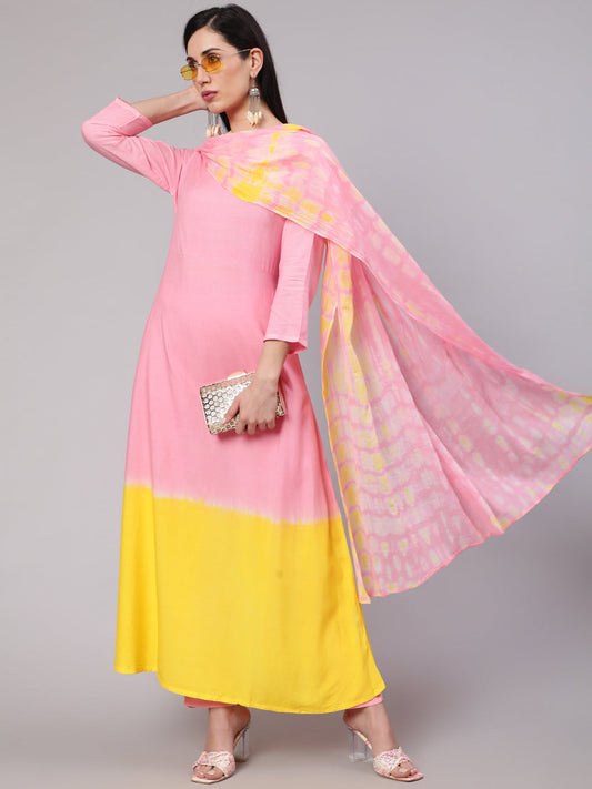 Women's Pink & Yellow Kurta Palazzo With Dupatta