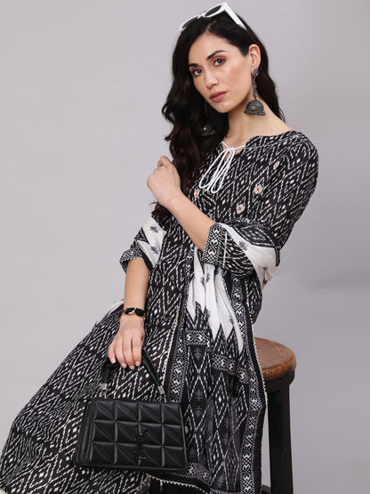 Women's Black & White Geometric Print Kurta Palazzo With Dupatta