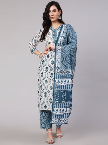 Women's Blue & White Printed Kurta Palazzo With Dupatta