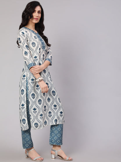 Women's Blue & White Printed Kurta Palazzo With Dupatta