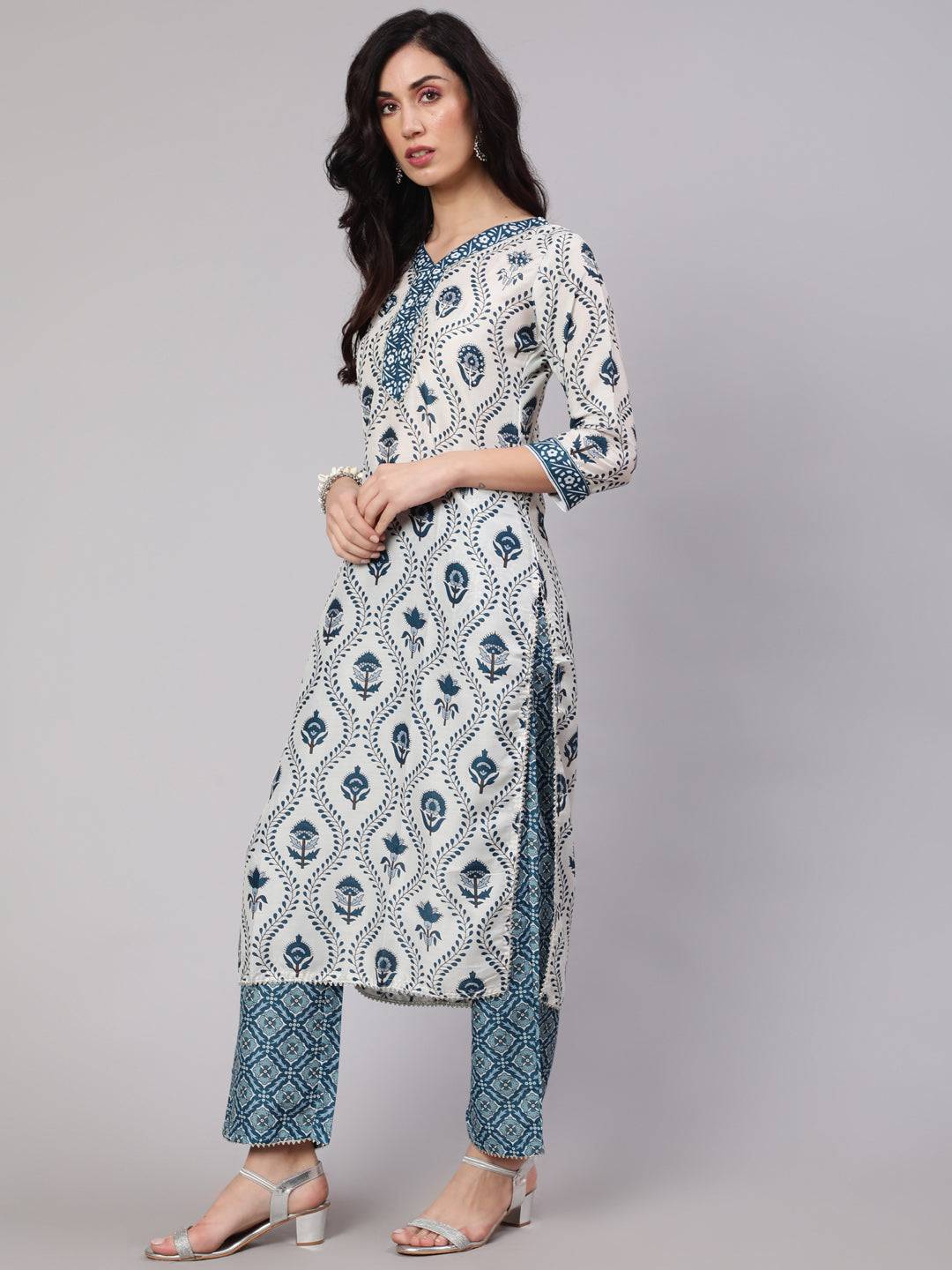 Women's Blue & White Printed Kurta Palazzo With Dupatta