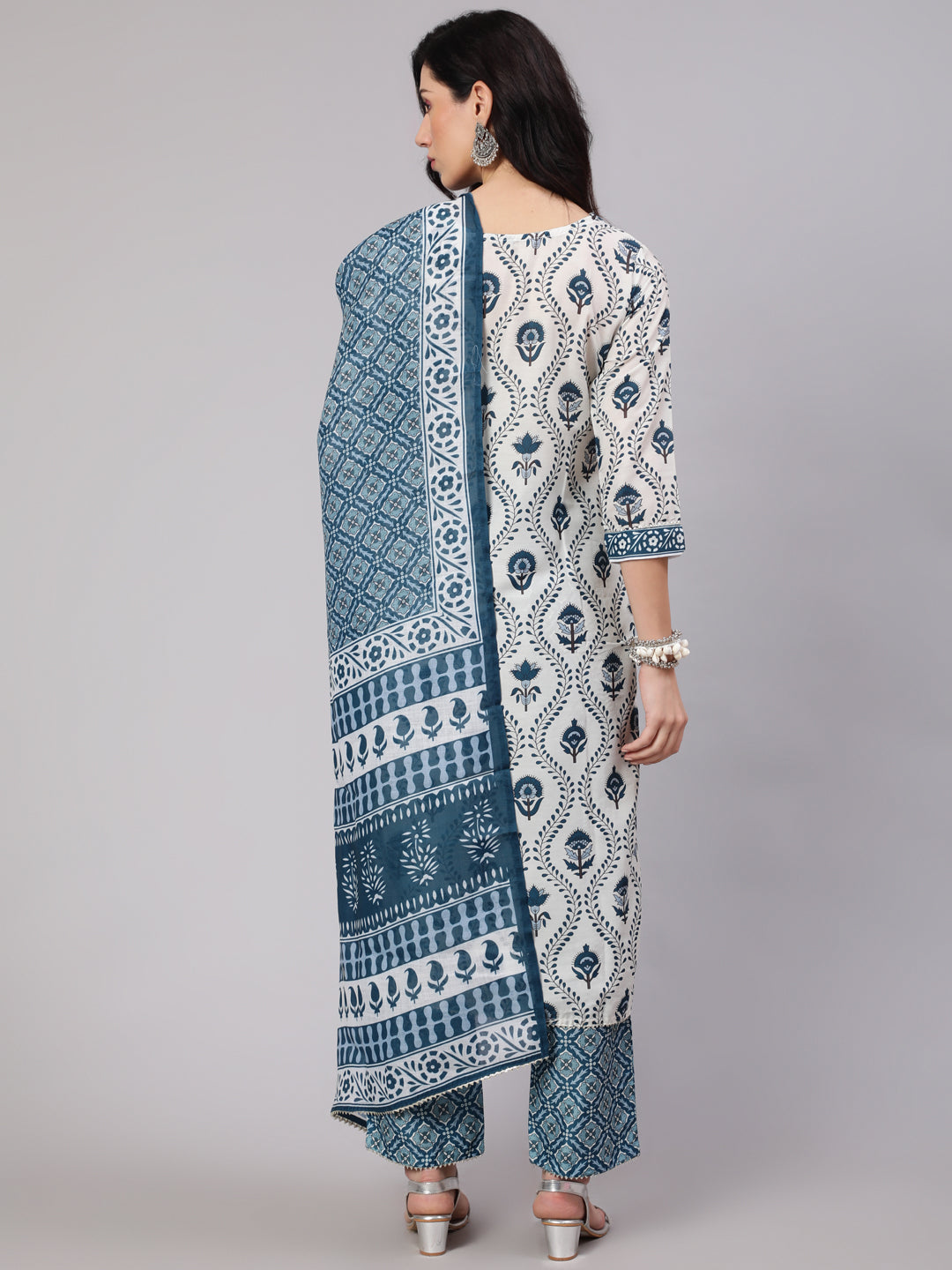 Women's Blue & White Printed Kurta Palazzo With Dupatta